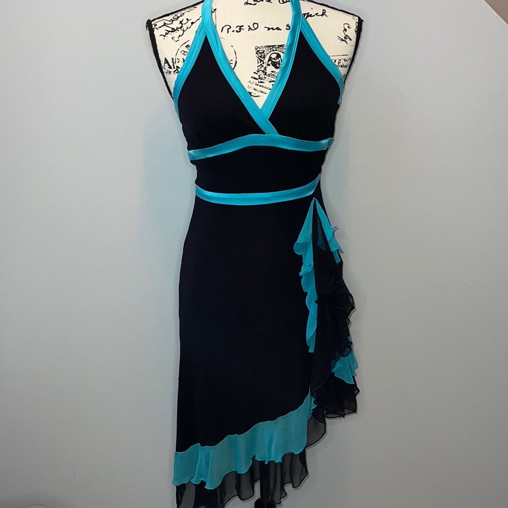 Bebe black & turquoise ruffled halter dress